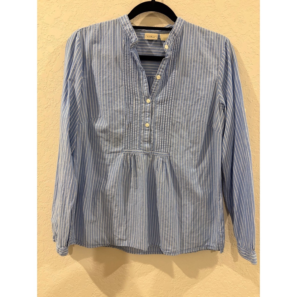 LL Bean Womens Blue White Striped Pintuck Cotton Tunic Blouse S REG